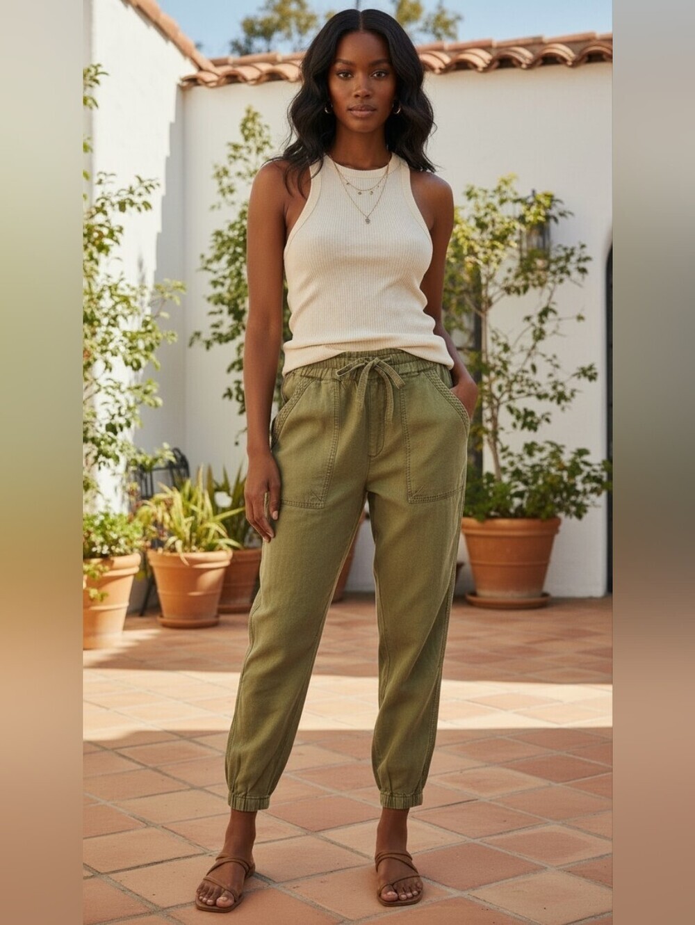 Anthropologie Olive Linen Blend Utility Joggers Drawstring Cargo Tapered Size M